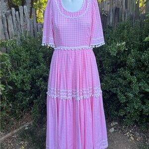 1960s Pink Gingham Maxi Dress with Lace Trim